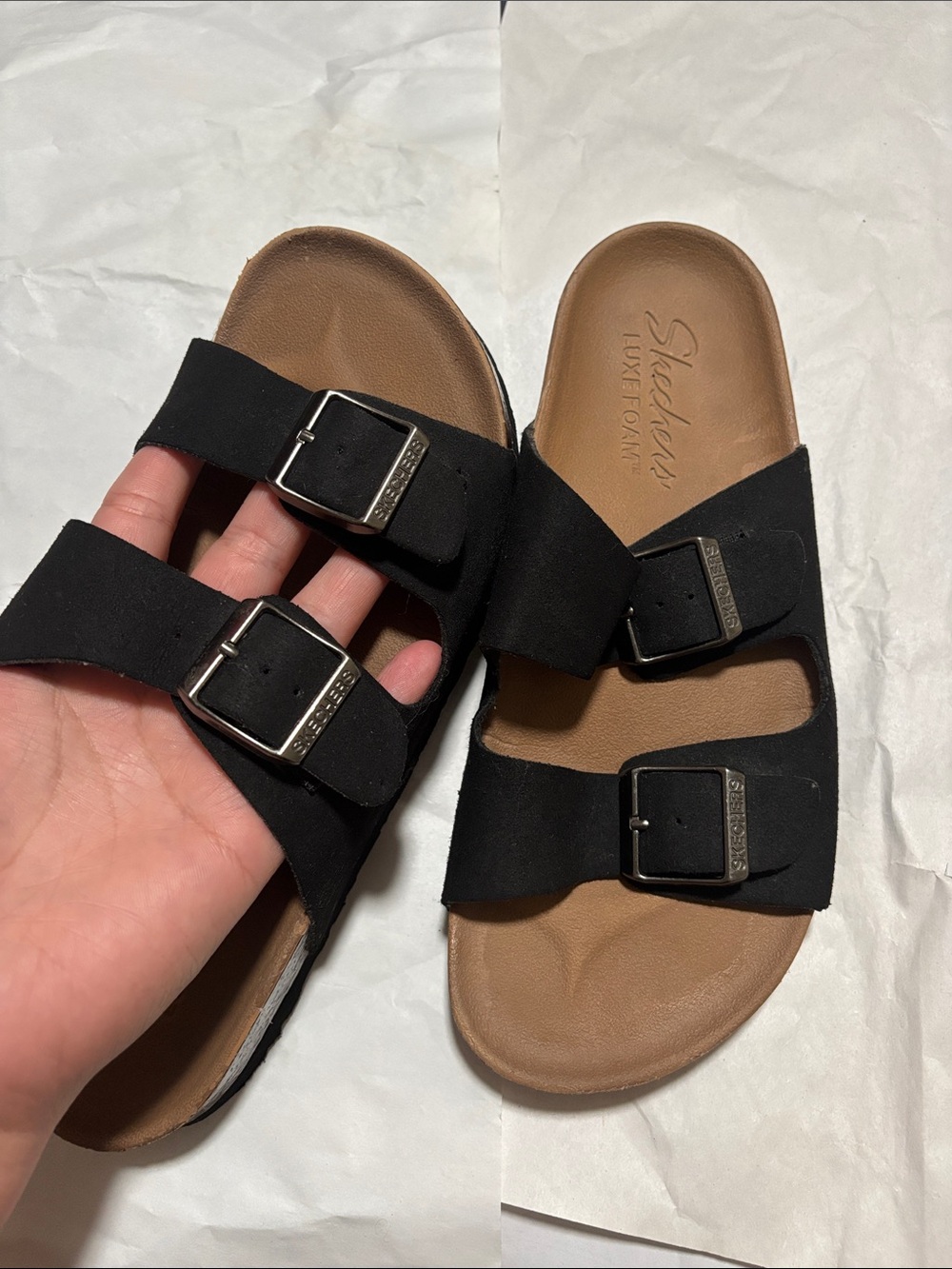 Skechers Black Double-Buckle Slide Sandals with Tan Footbed